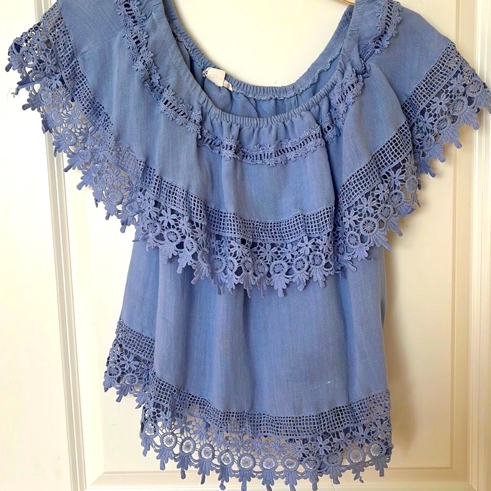 Blue Over the Shoulders Crop Top